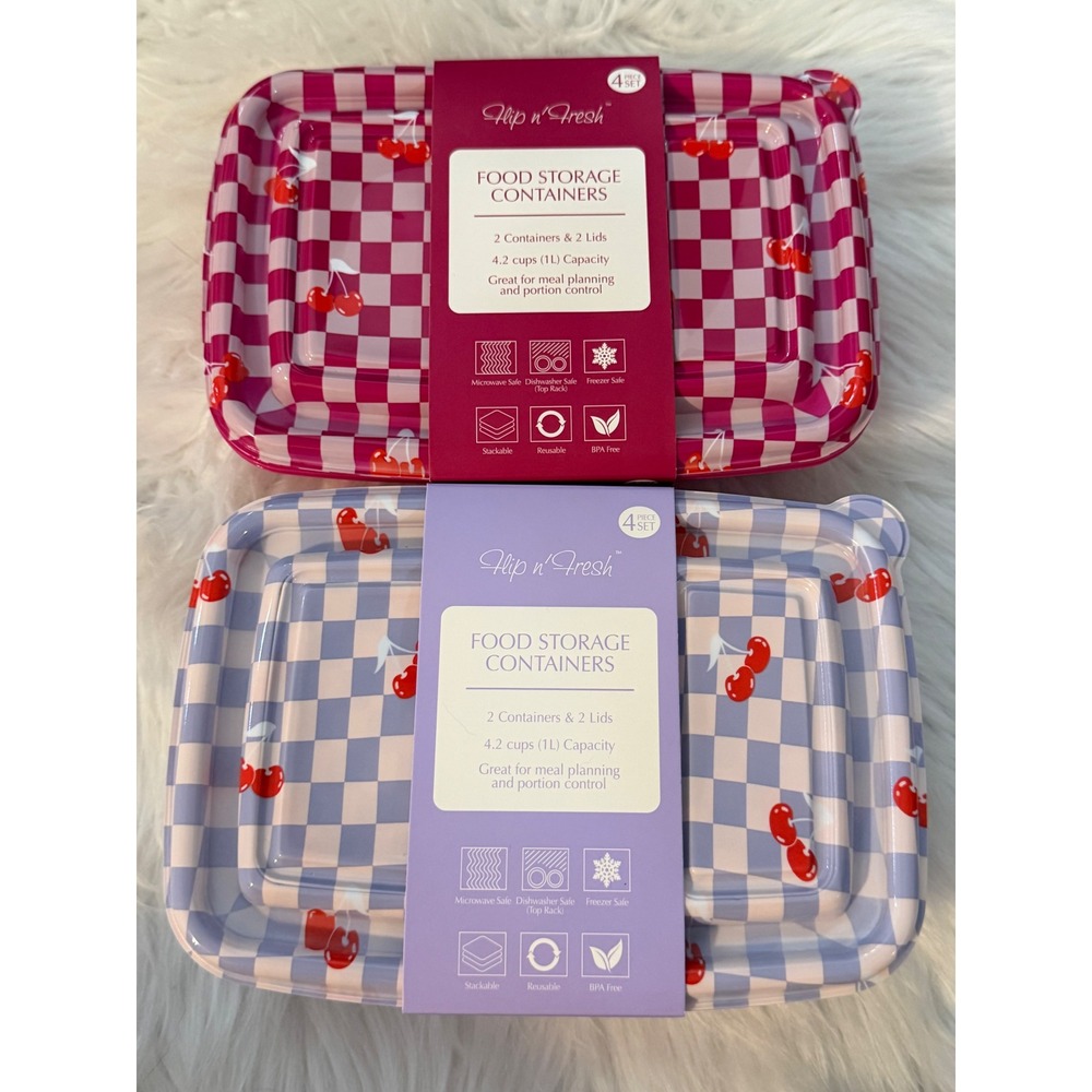 Flip n Fresh Gossi Cherry Checkered Food Storage Containers 4pc Set Pink Blue